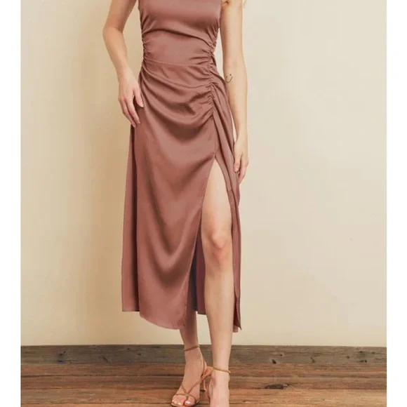 Ooh La Luxe Dresses | Satin Ruched Midi Dress | Color: Pink | Size: S | Daisymendozaa's Closet